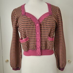 Diane Von Furstenberg Lewis Sweater Pink Multi Plaid Knit Cropped Cardigan M
